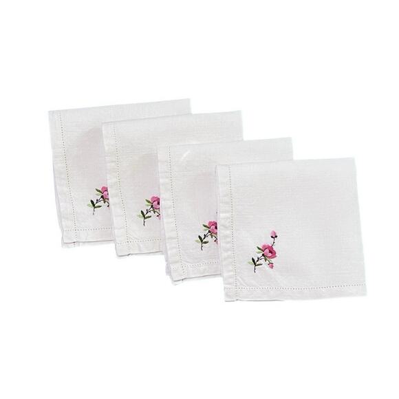 Delicate Linen Napkins Vintage Set 4 Embroidered Corner Flower Pink Green 11x11 - Picture 3 of 9
